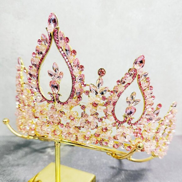 Bridal Tiara Crown, Gold Crystal Beaded Headpiece, Gold Pageant Crown - Picture 4 of 8